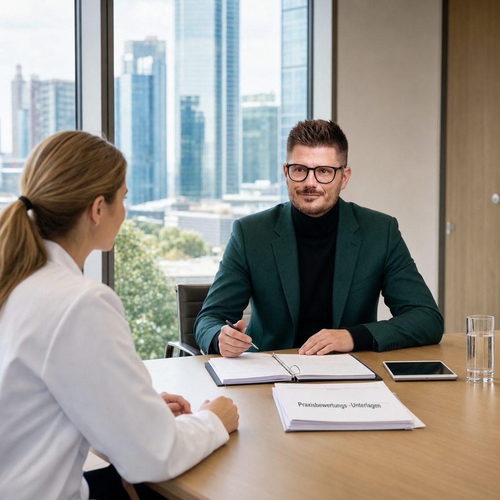 Florian Enders bespricht Praxisbewertung und Finanzierung mit einer übernehmenden Ärztin im Frankfurter Beratungsbüro