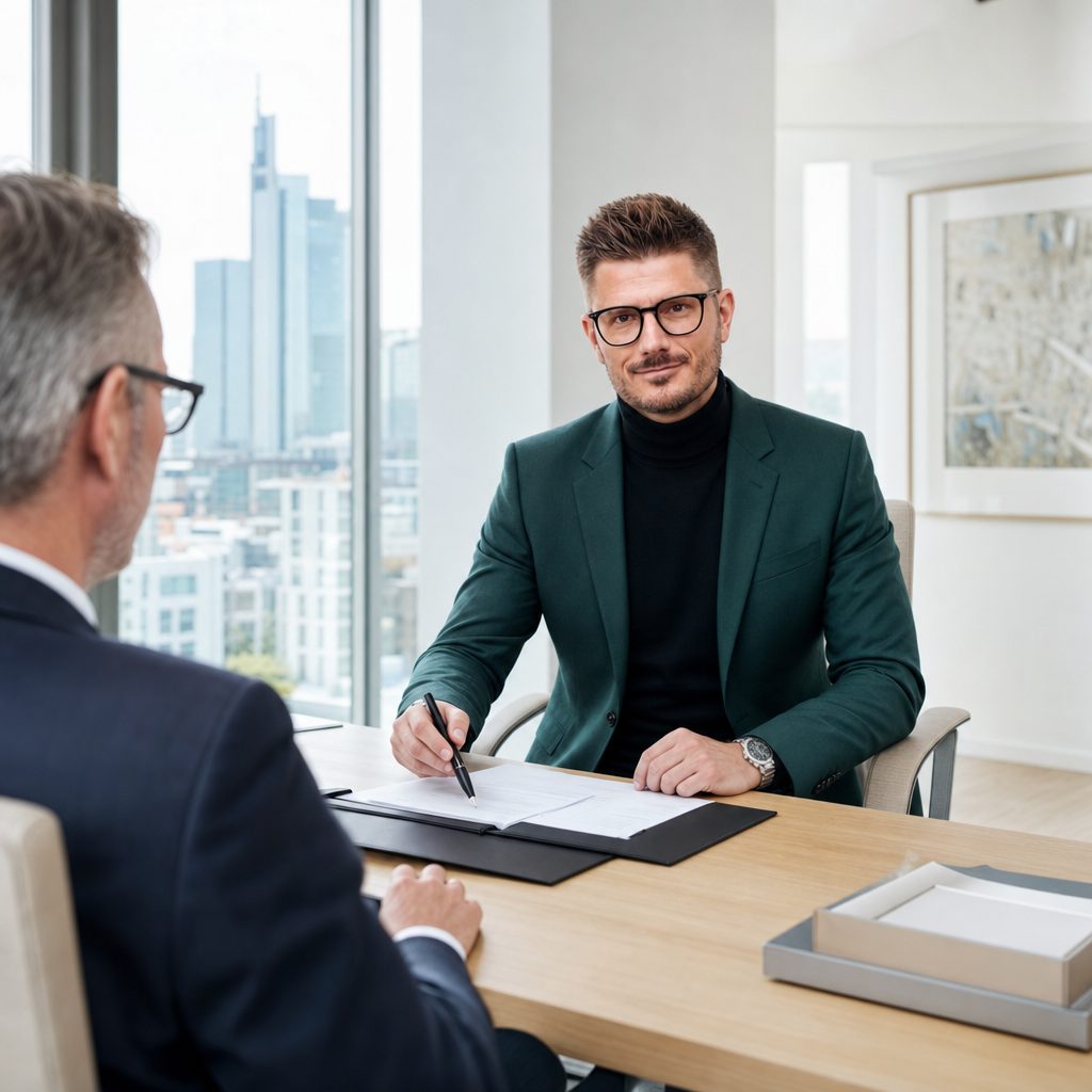 Florian Enders explique le testament de Berlin dans un bureau de conseil moderne à Francfort