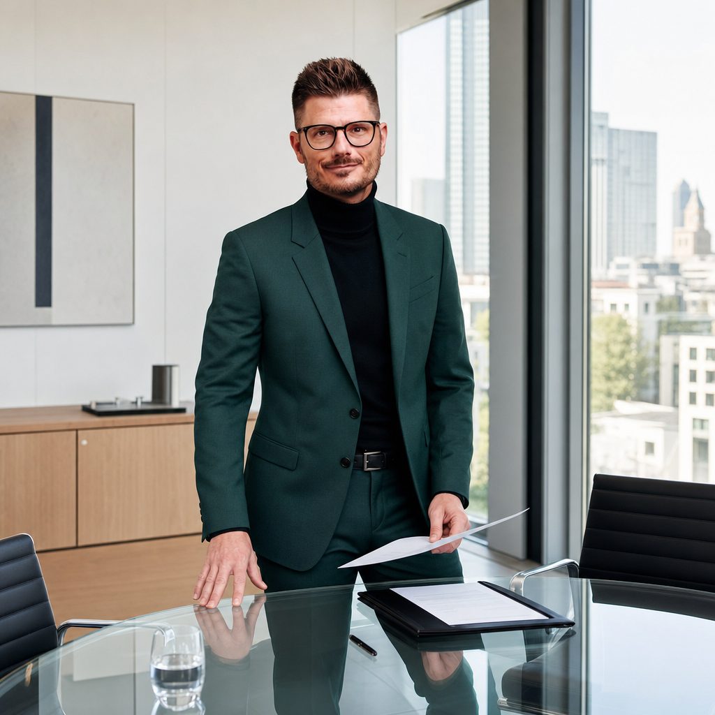 Florian Enders explique la succession légale sans testament dans un bureau de conseil moderne à Francfort
