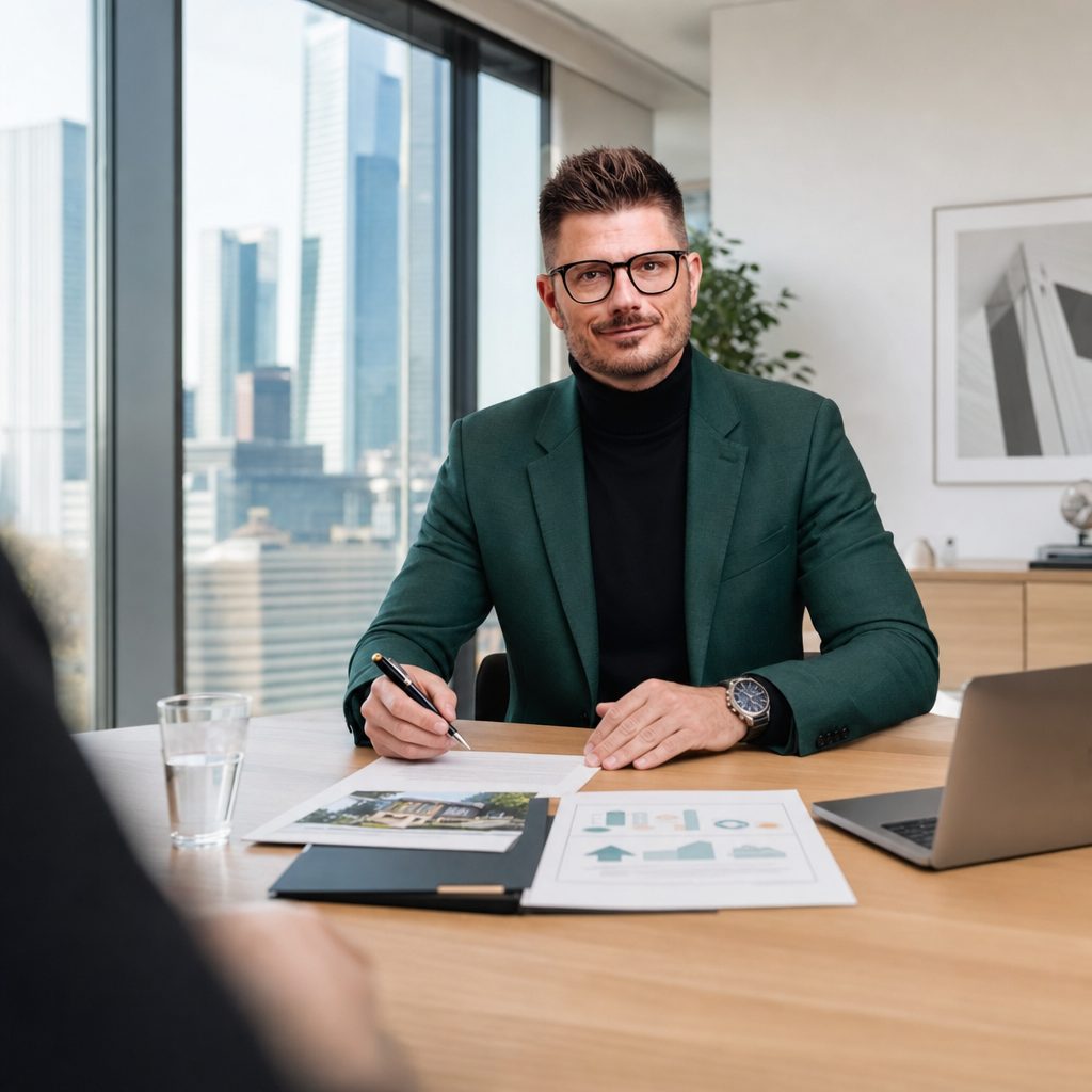 Florian Enders berät Mandanten zur Erbschaftsteuer für eine geerbte Immobilie mit Wertgutachten und Familienheim-Befreiungs-Übersicht im modernen Frankfurter Beratungsbüro