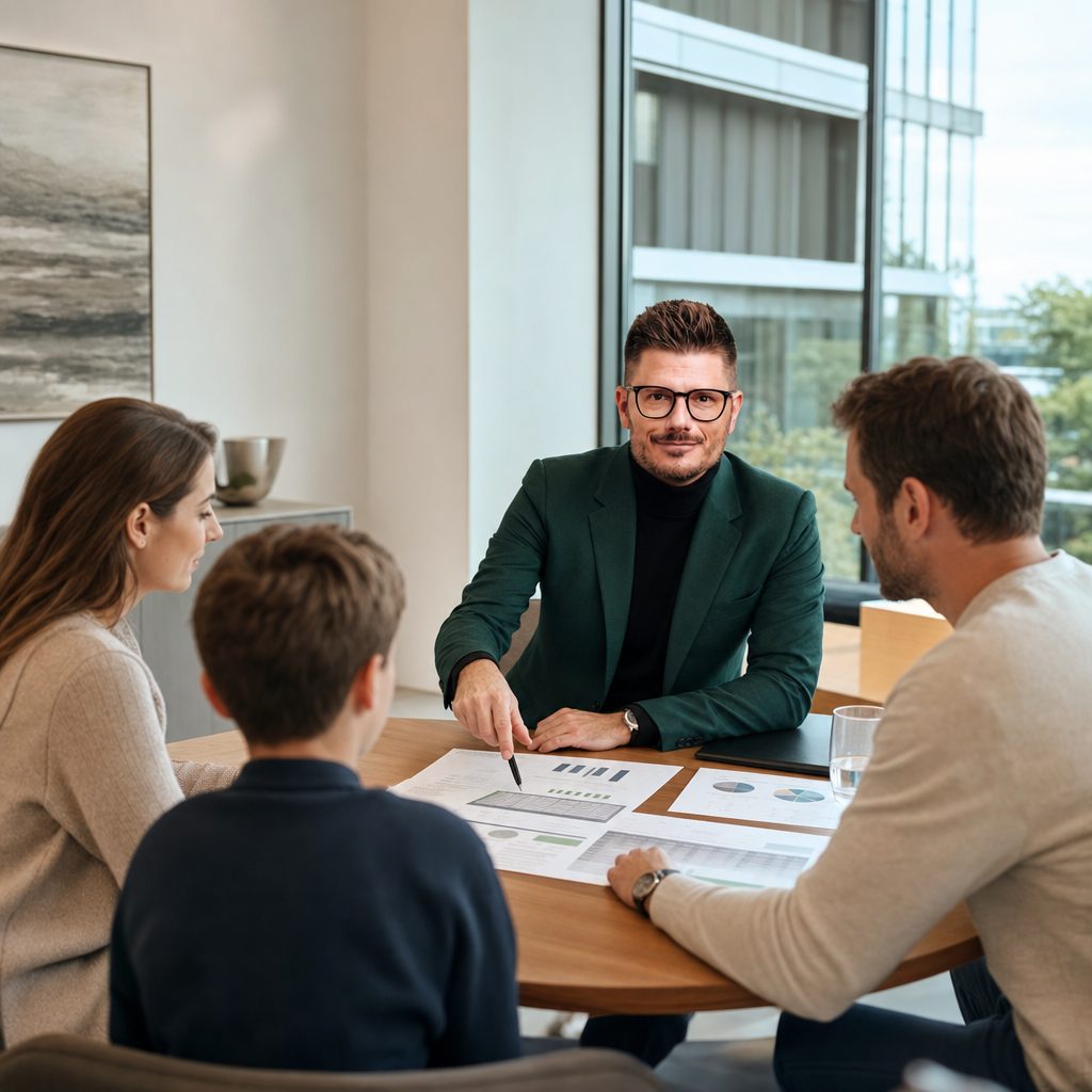 Florian Enders berät eine Familie zur Erbschaftsteuer-Optimierung für Kinder mit Freibetrags-Rechenblatt und 10-Jahres-Strategie im modernen Frankfurter Beratungsbüro