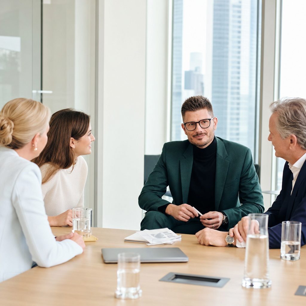 Florian Enders discussing Familienstiftung structuring with an entrepreneur family at the Frankfurt advisory office