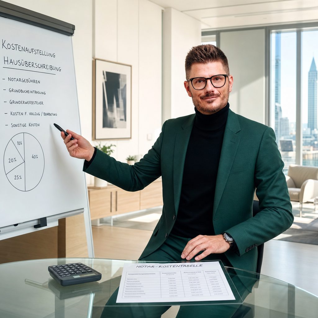 Florian Enders erläutert einer Familie die Kostenkalkulation für die Hausüberschreibung anhand einer GNotKG-Übersicht und Beispielrechnung
