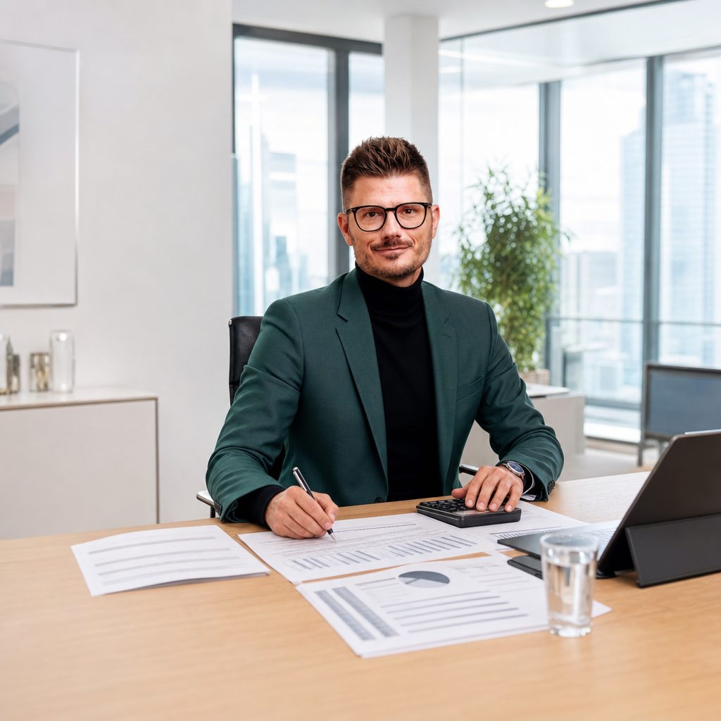 Florian Enders berechnet den Kapitalwert eines Nießbrauchs mit BMF-Sterbetafel und Mietspiegel-Übersicht am Schreibtisch im modernen Frankfurter Beratungsbüro