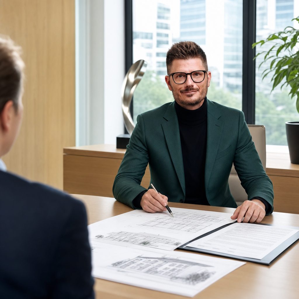 Florian Enders berät einen Mandanten zur Vorbehaltsnießbrauch-Übertragung eines Mehrfamilienhauses mit Grundrissen und Schenkungsvertrag im modernen Frankfurter Beratungsbüro