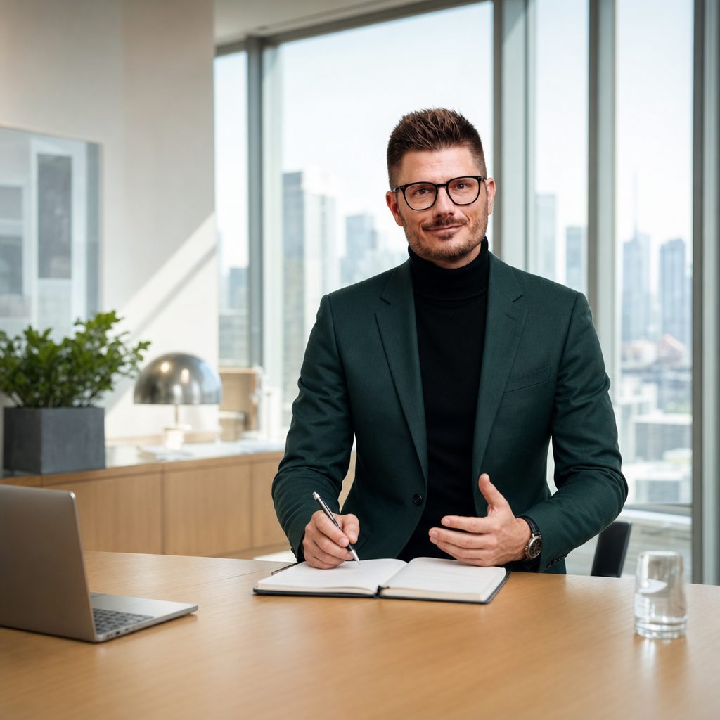 Florian Enders explains reserved usufruct on a gift at his desk in a modern Frankfurt office
