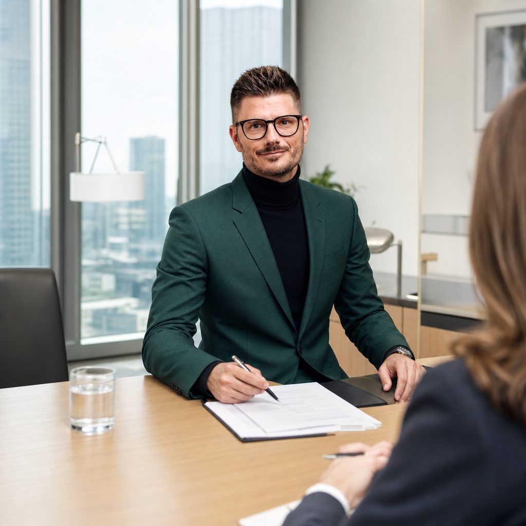 Florian Enders erklärt einen Notfallordner mit Vorsorgevollmacht im Beratungsgespräch