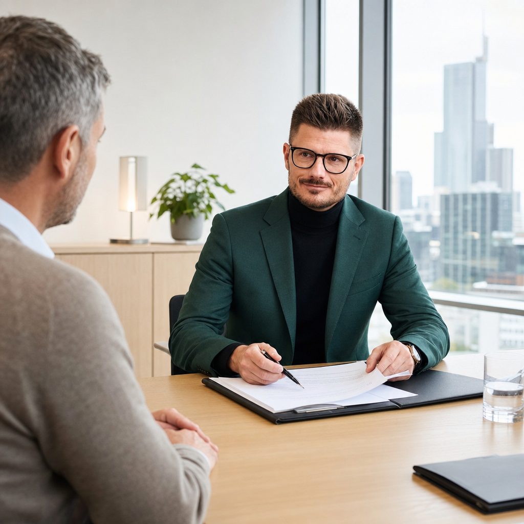 Florian Enders calculates a compulsory-portion claim in a modern Frankfurt advisory office
