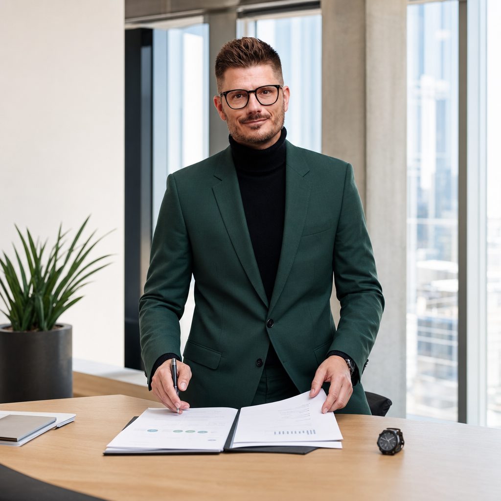 Florian Enders conseille sur la gestion de patrimoine des sportifs dans un bureau à Francfort