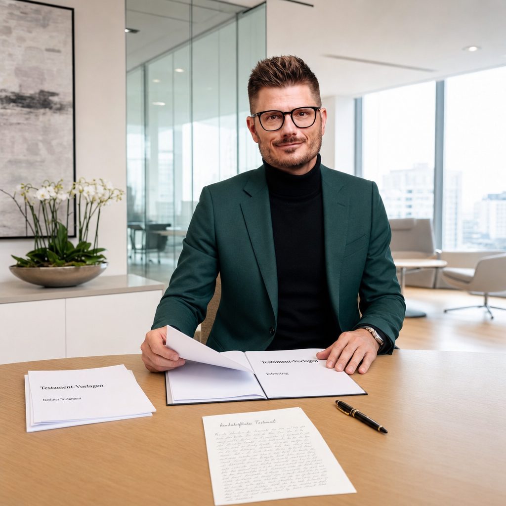 Florian Enders berät Mandanten zur Testamentsgestaltung mit Vorlagen für Berliner Testament und Erbvertrag im modernen Frankfurter Beratungsbüro
