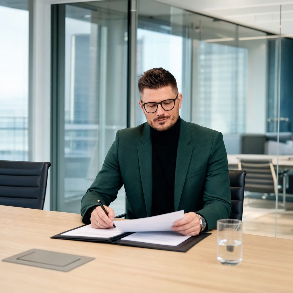 Florian Enders discusses business succession in a modern Frankfurt conference room