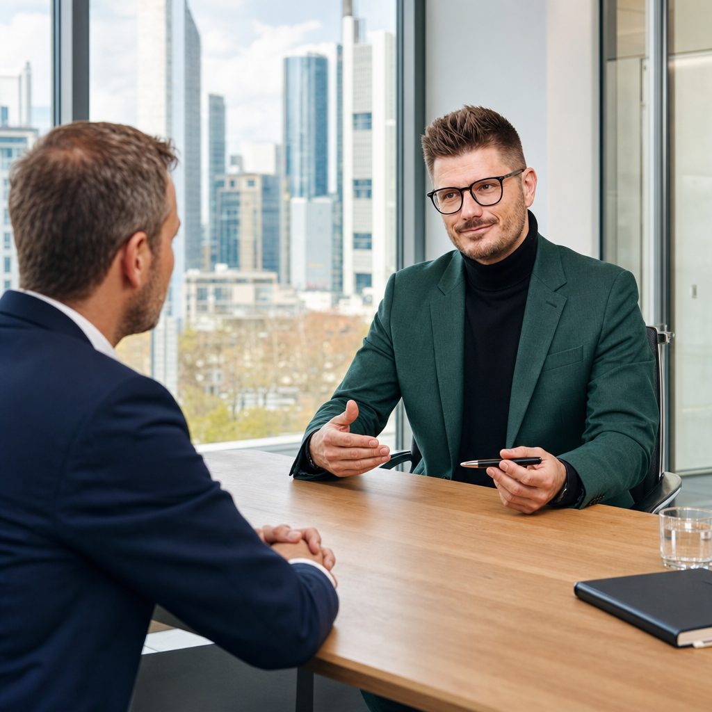 Florian Enders bespricht Wegzugsbesteuerung mit einem Geschäftsführer im Frankfurter Beratungsbüro