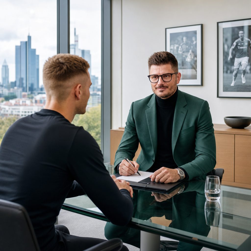 Florian Enders berät einen Profisportler zur Image-Rechte-GmbH und Wegzugsteuer-Strukturierung im modernen Frankfurter Beratungsbüro