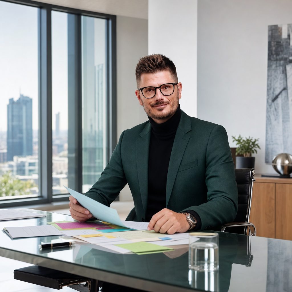 Florian Enders prüft Wegzugsteuer-Vermeidungsstrategien mit farbig markierten Strategie-Unterlagen im Frankfurter Beratungsbüro
