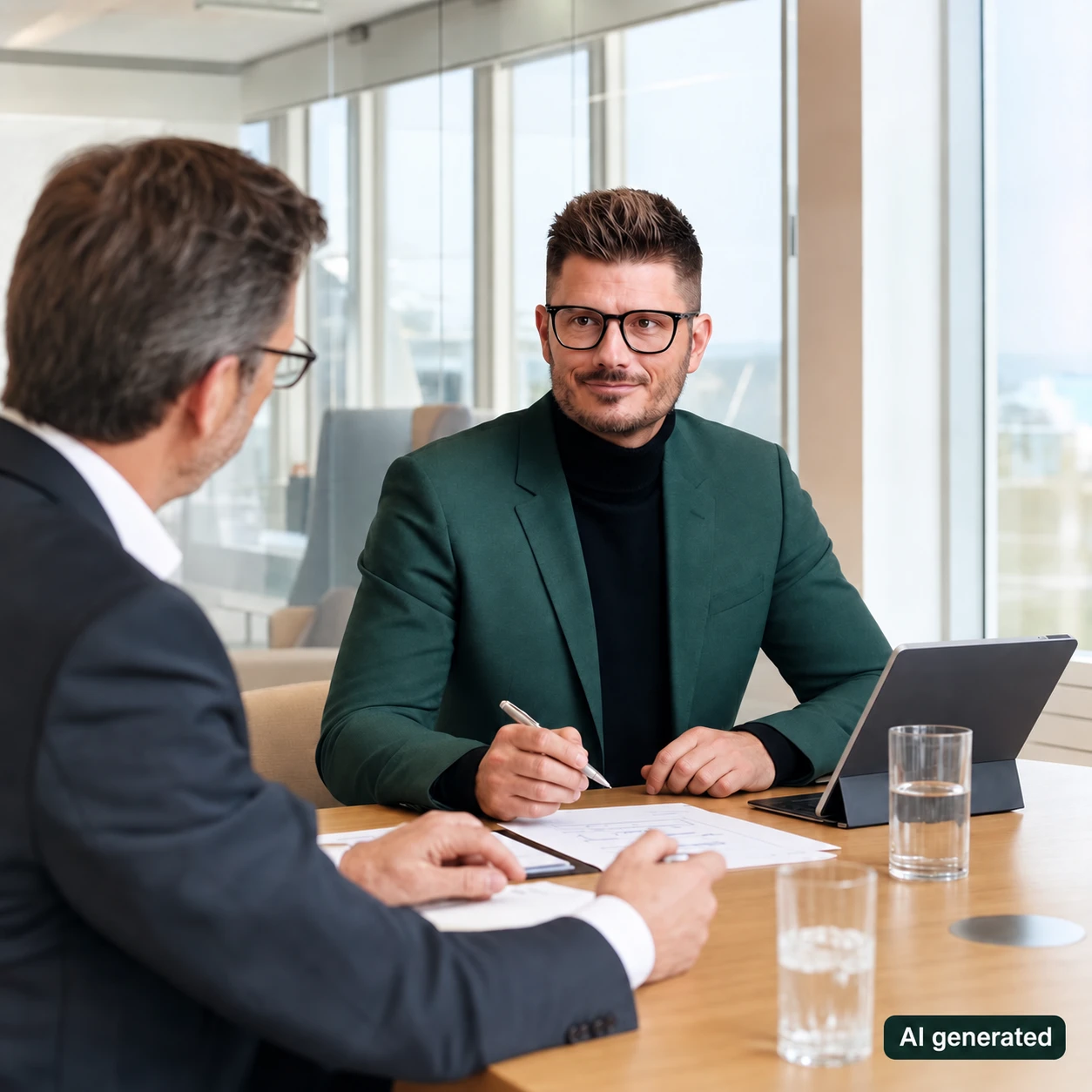 KI-generierte Beratungsszene mit Florian Enders am Tisch mit einem Gesprächspartner und Unterlagen.