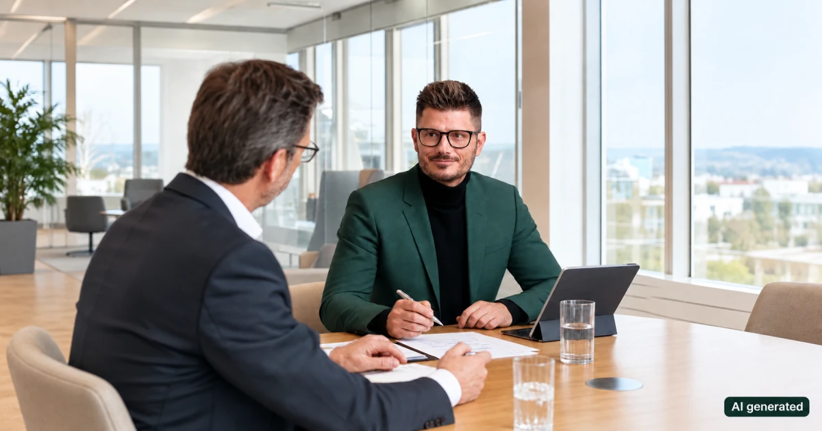 Illustration symbolique générée par IA d’un conseil fiscal avec Florian Enders et un interlocuteur.